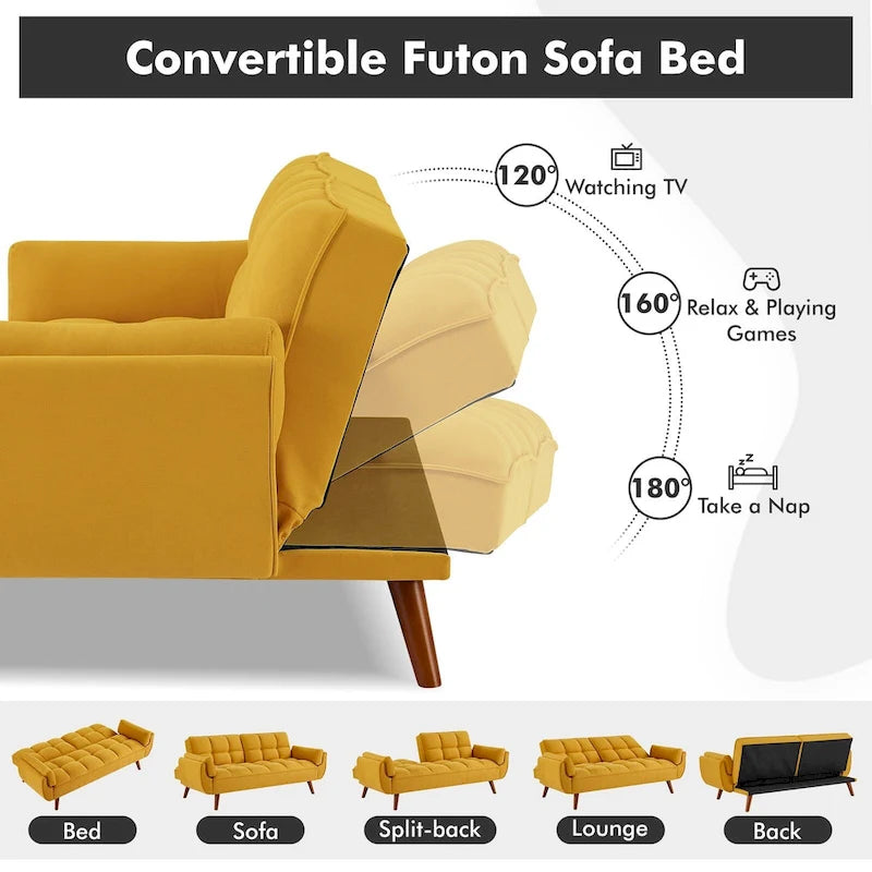 Futon convertible, canapé-lit pliant inclinable pour salon avec 2 oreillers/accoudoirs