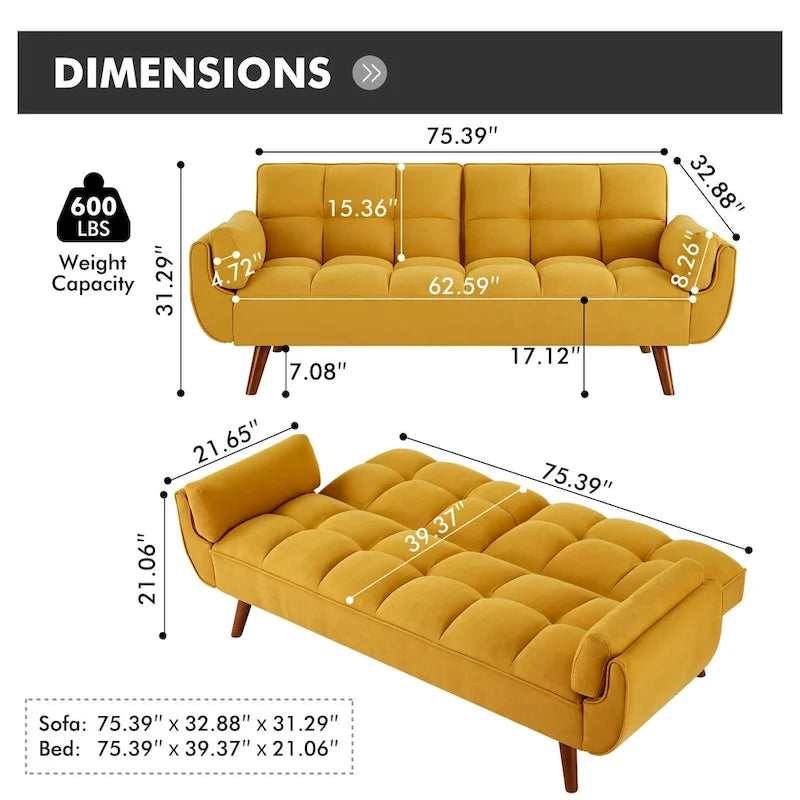 Futon convertible, canapé-lit pliant inclinable pour salon avec 2 oreillers/accoudoirs