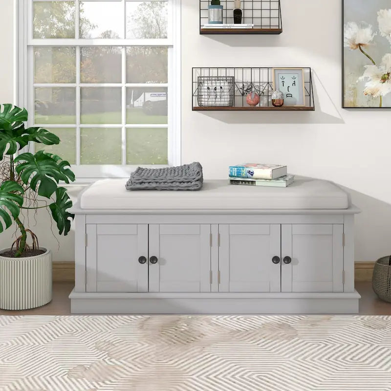 Storage Shoes Bench with 4 Doors and Adjustable Shelves, Removable Cushion