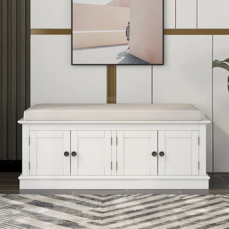 Banc à chaussures avec rangement, 4 portes et étagères réglables, coussin amovible