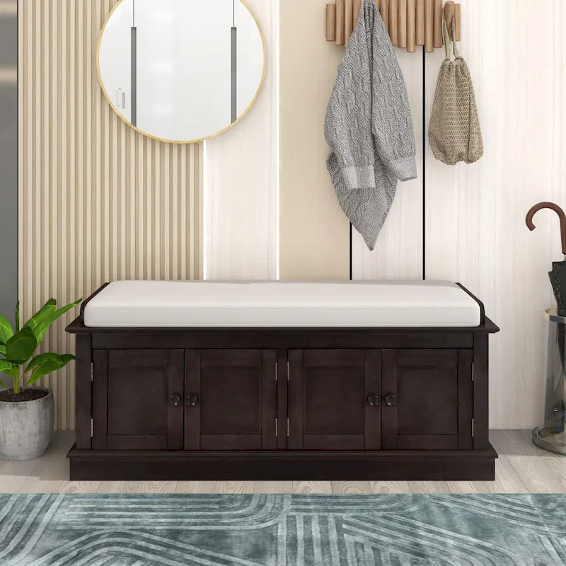 Banc à chaussures avec rangement, 4 portes et étagères réglables, coussin amovible
