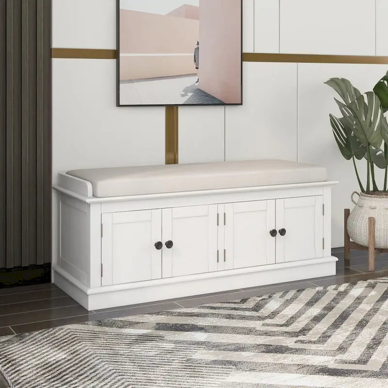 Banc à chaussures avec rangement, 4 portes et étagères réglables, coussin amovible