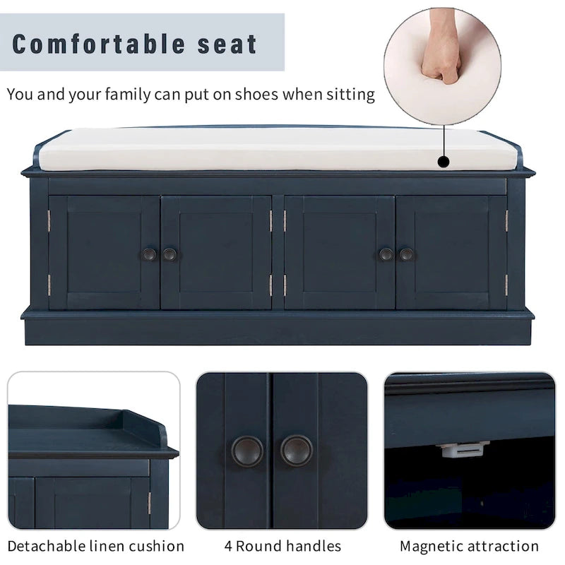 Banc à chaussures avec rangement, 4 portes et étagères réglables, coussin amovible