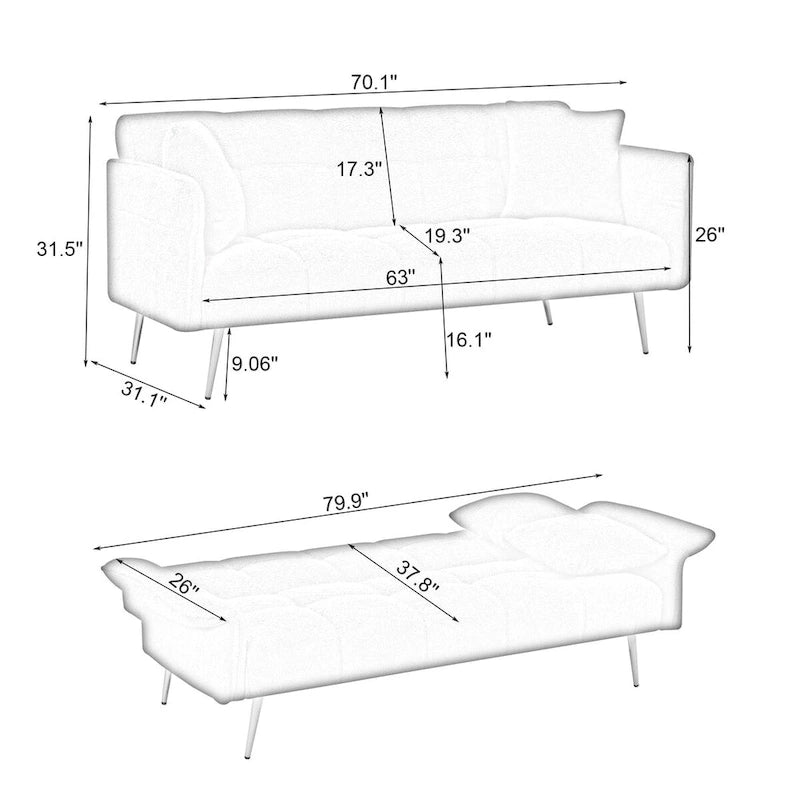 Canapé-lit futon 70.1, canapé-lit double convertible avec accoudoirs pliants pour salons et petits espaces