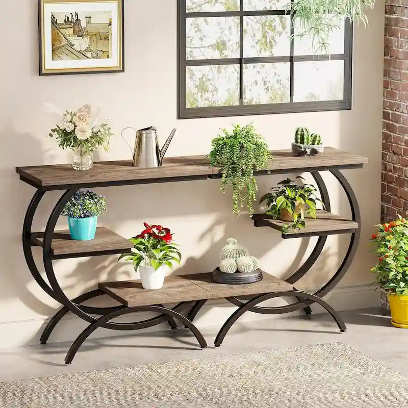 Table d'appoint en C, table de bout à 3 niveaux en bois avec étagères de rangement, marron