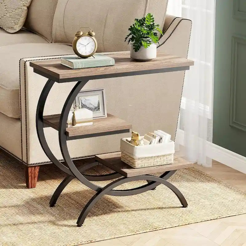 Table d'appoint en C, table de bout à 3 niveaux en bois avec étagères de rangement, marron