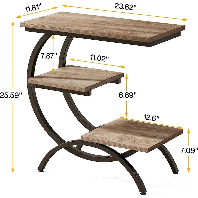Table d'appoint en C, table de bout à 3 niveaux en bois avec étagères de rangement, marron