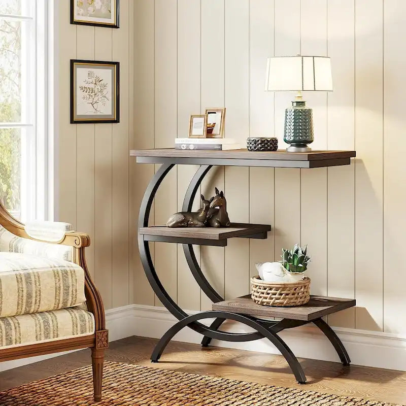 Table d'appoint en C, table de bout à 3 niveaux en bois avec étagères de rangement, marron