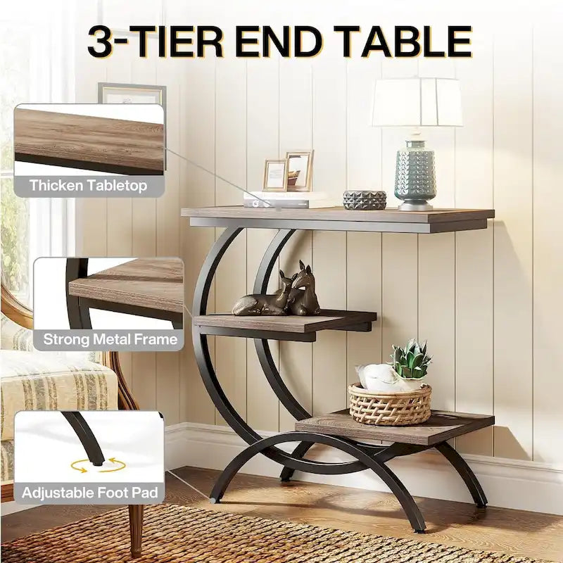 Table d'appoint en C, table de bout à 3 niveaux en bois avec étagères de rangement, marron