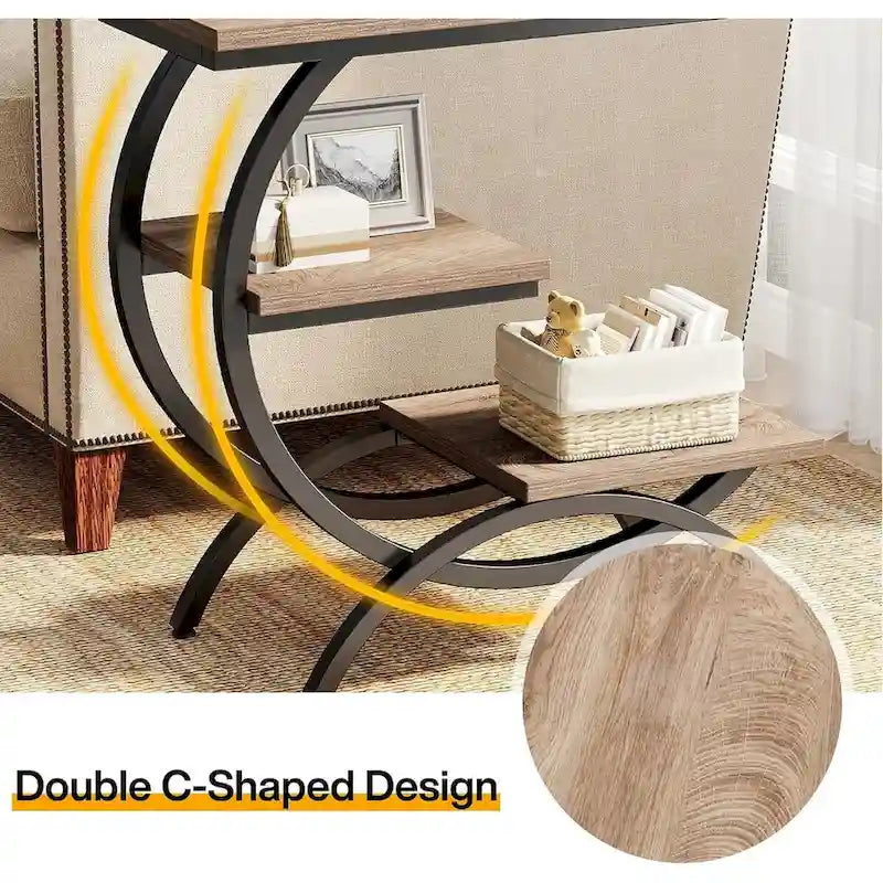 Table d'appoint en C, table de bout à 3 niveaux en bois avec étagères de rangement, marron