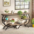 Table d'appoint en C, table de bout à 3 niveaux en bois avec étagères de rangement, marron