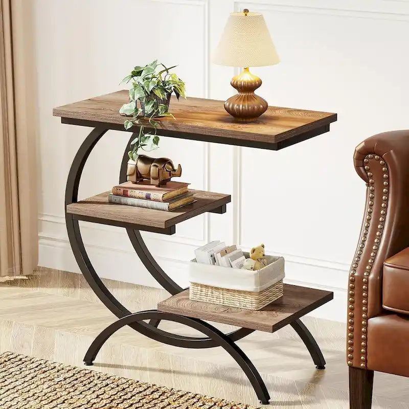 Table d'appoint en C, table de bout à 3 niveaux en bois avec étagères de rangement, marron