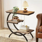 Table d'appoint en C, table de bout à 3 niveaux en bois avec étagères de rangement, marron