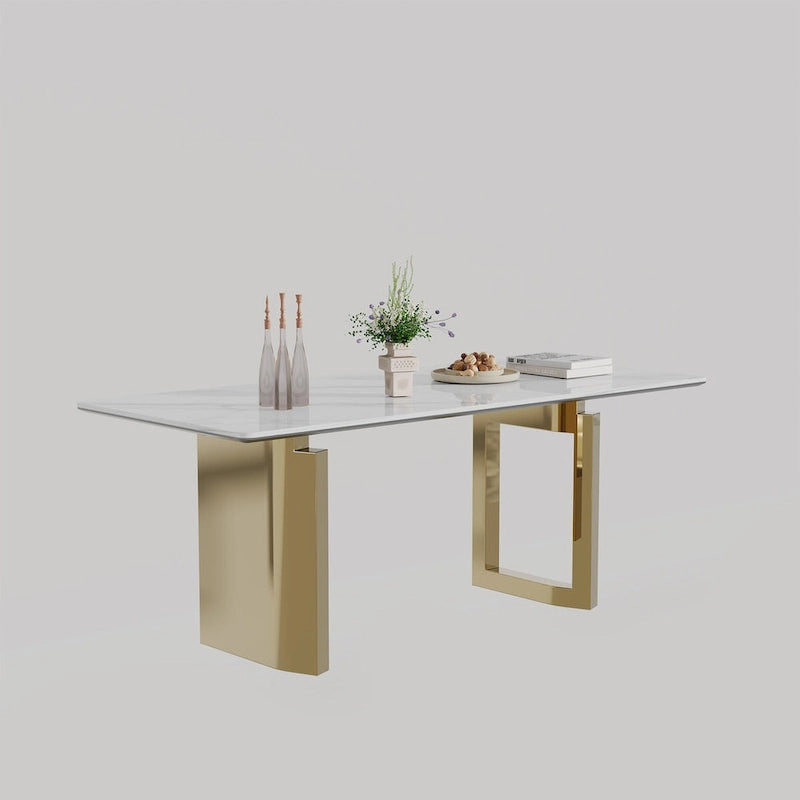 Table à manger rectangulaire avec plateau en verre trempé composite de pierre frittée de 0,47" d'épaisseur et piètement en acier inoxydable