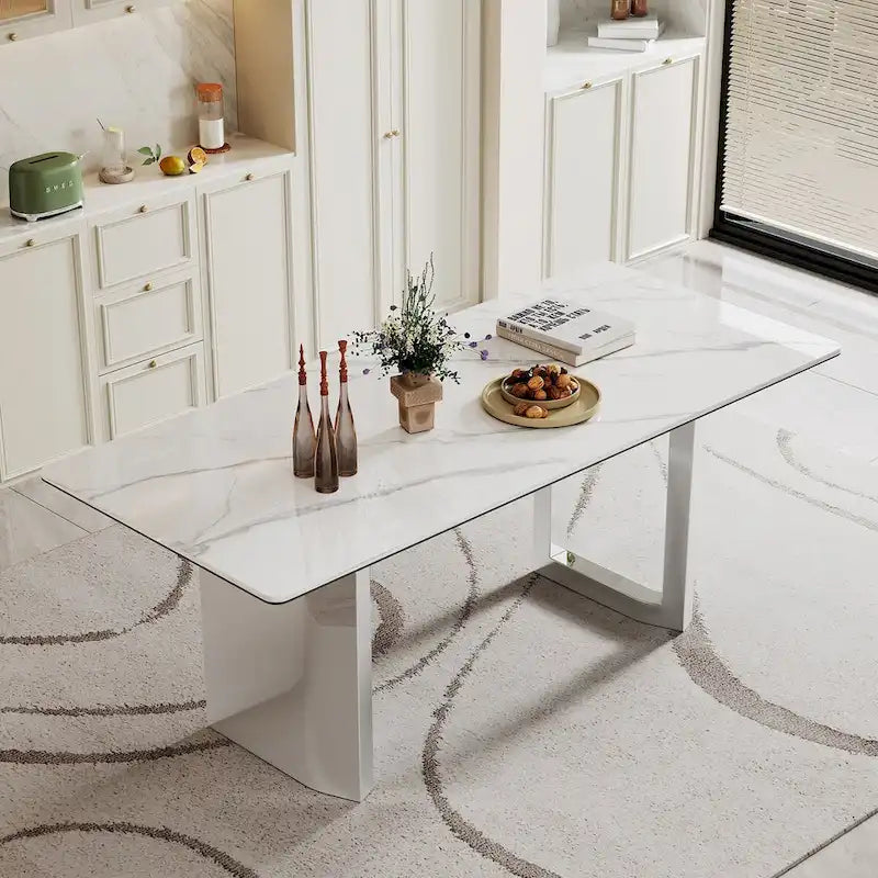 Table à manger rectangulaire avec plateau en verre trempé composite de pierre frittée de 0,47" d'épaisseur et piètement en acier inoxydable