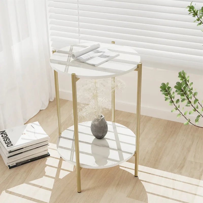 Table d'appoint ou table basse ronde à 2 plateaux en marbre avec étagère de rangement
