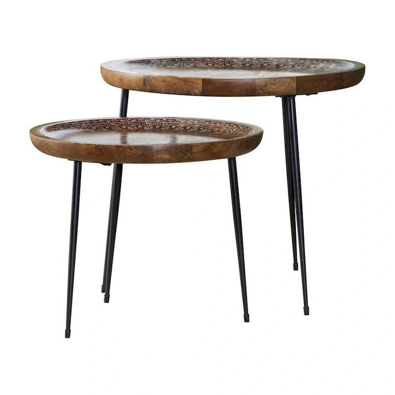 2 Piece Round Nesting Tray Top Table Set, Carved Edges, Motif Design, Brown