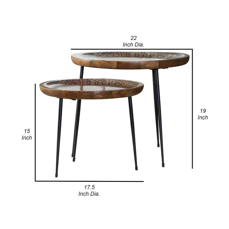 Ensemble de 2 tables basses gigognes rondes avec plateaux, bords sculptés, motif décoratif, marron