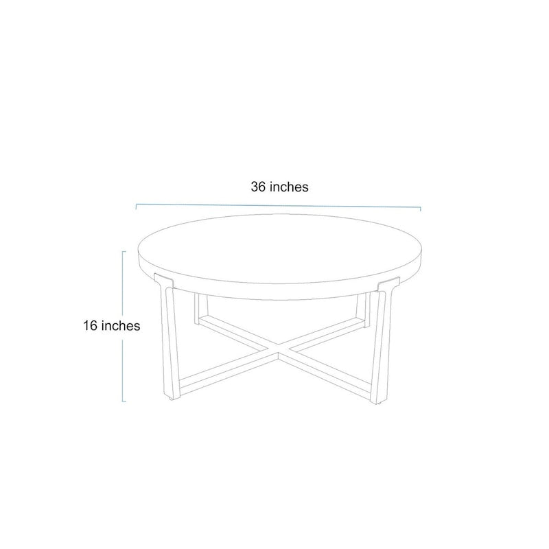 Table basse ronde rustique en bois de 36 pouces avec pieds croisés martelés en métal doré pour le salon - L91,4 x H40,6 cm