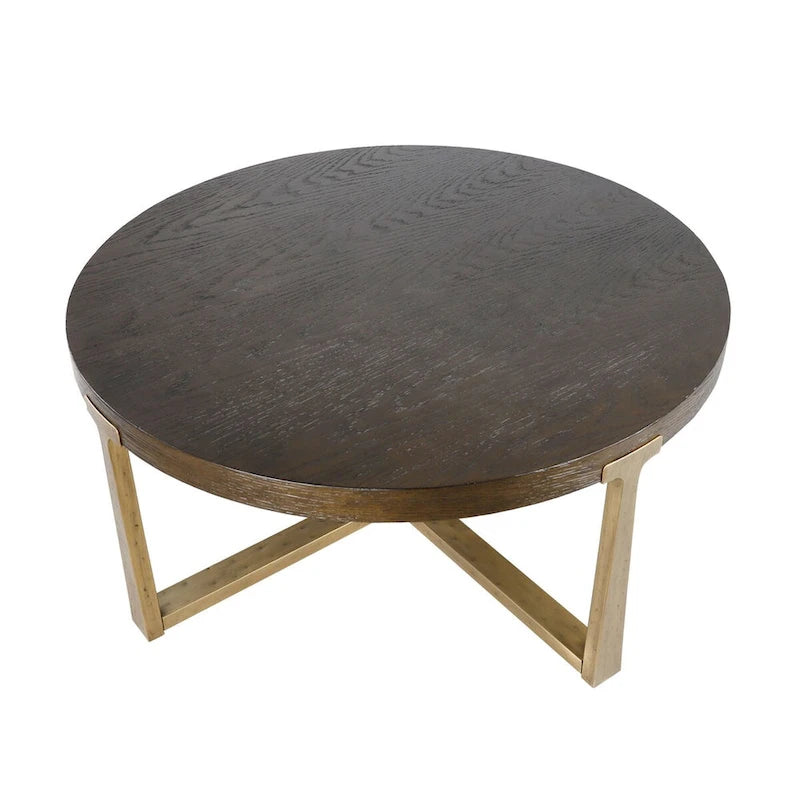 Table basse ronde rustique en bois de 36 pouces avec pieds croisés martelés en métal doré pour le salon - L91,4 x H40,6 cm