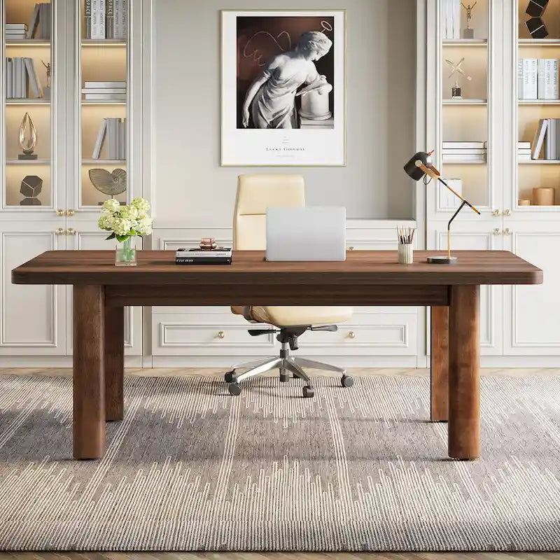 Grand bureau d'ordinateur de 63 pouces, bureau de direction avec pieds en bois massif
